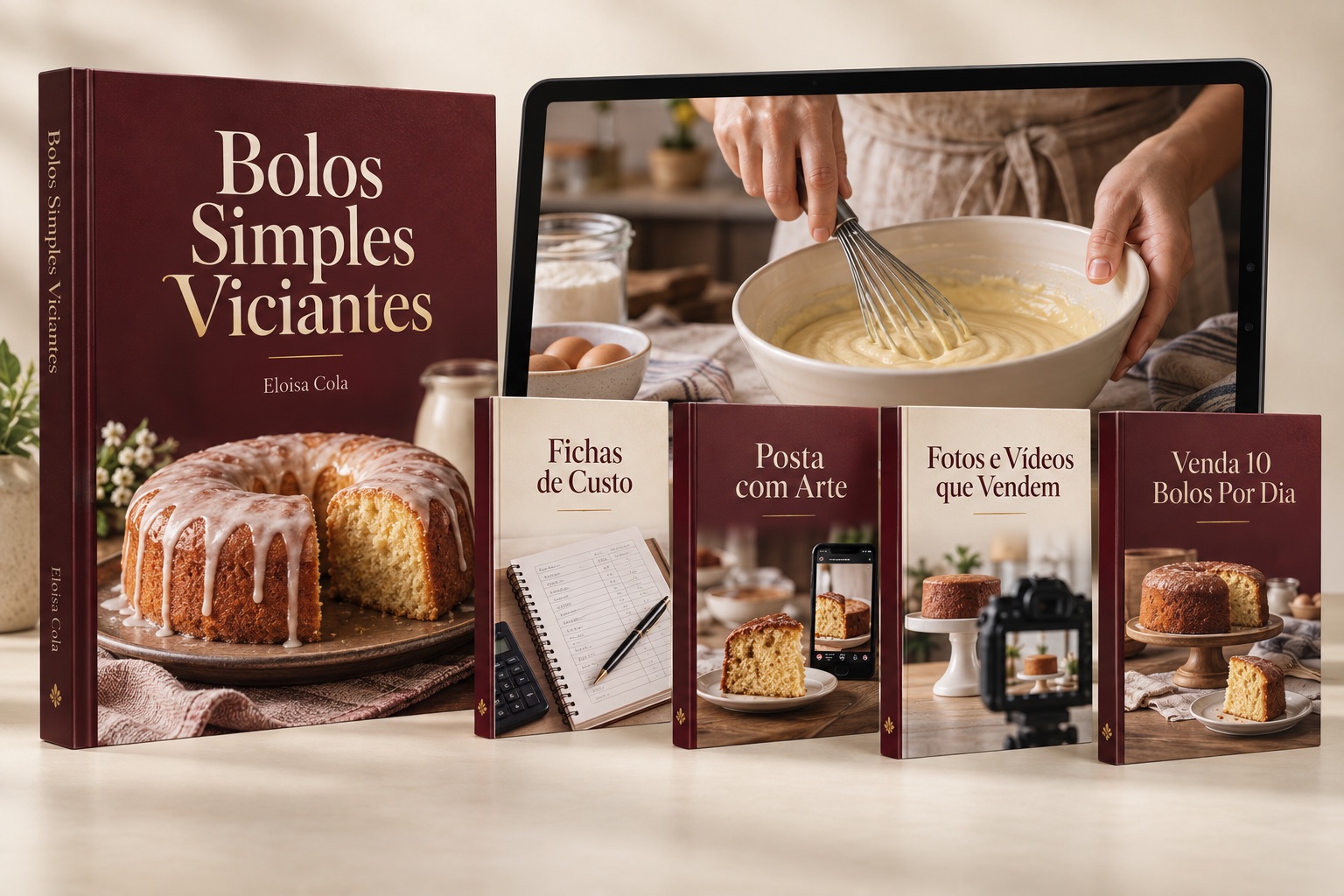 Proposta visual dos materiais digitais Bolos Simples Viciantes e seus quatro bônus