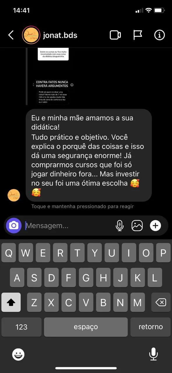 Print da mensagem de uma aluna no Instagram elogiando a didática prática de Eloisa Cola