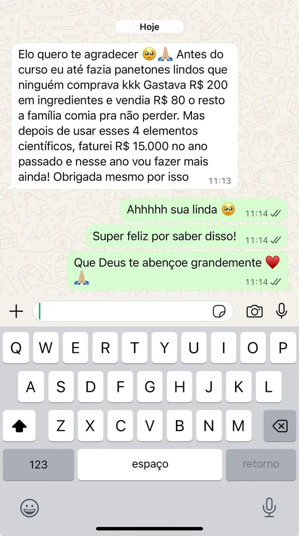 Print da mensagem de uma aluna no WhatsApp contando que faturou R$ 15.000 com panetones no ano