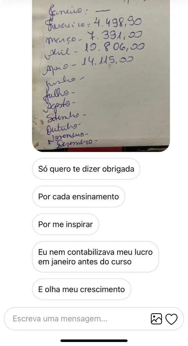 Print da mensagem de uma aluna no Instagram com a foto do caderno de faturamento de fevereiro a maio