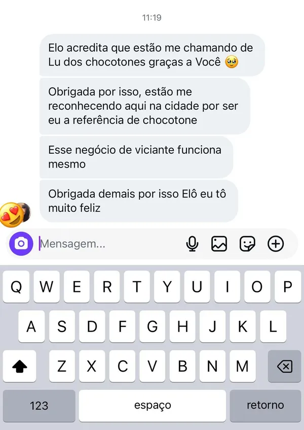 Print da mensagem da aluna Lu no Instagram contando que virou referência de chocotone na cidade