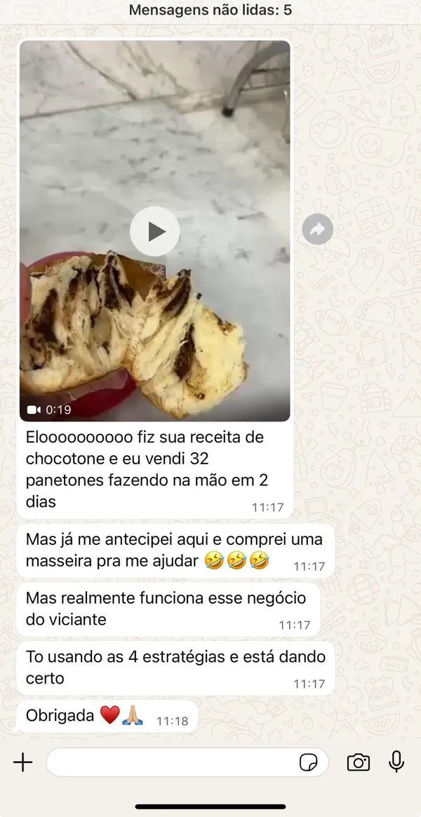 Print da mensagem de uma aluna no WhatsApp contando que vendeu 32 panetones em 2 dias